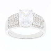 Elegant white moissanite sterling silver ring featuring a stunning gemstone and sparkling accents.